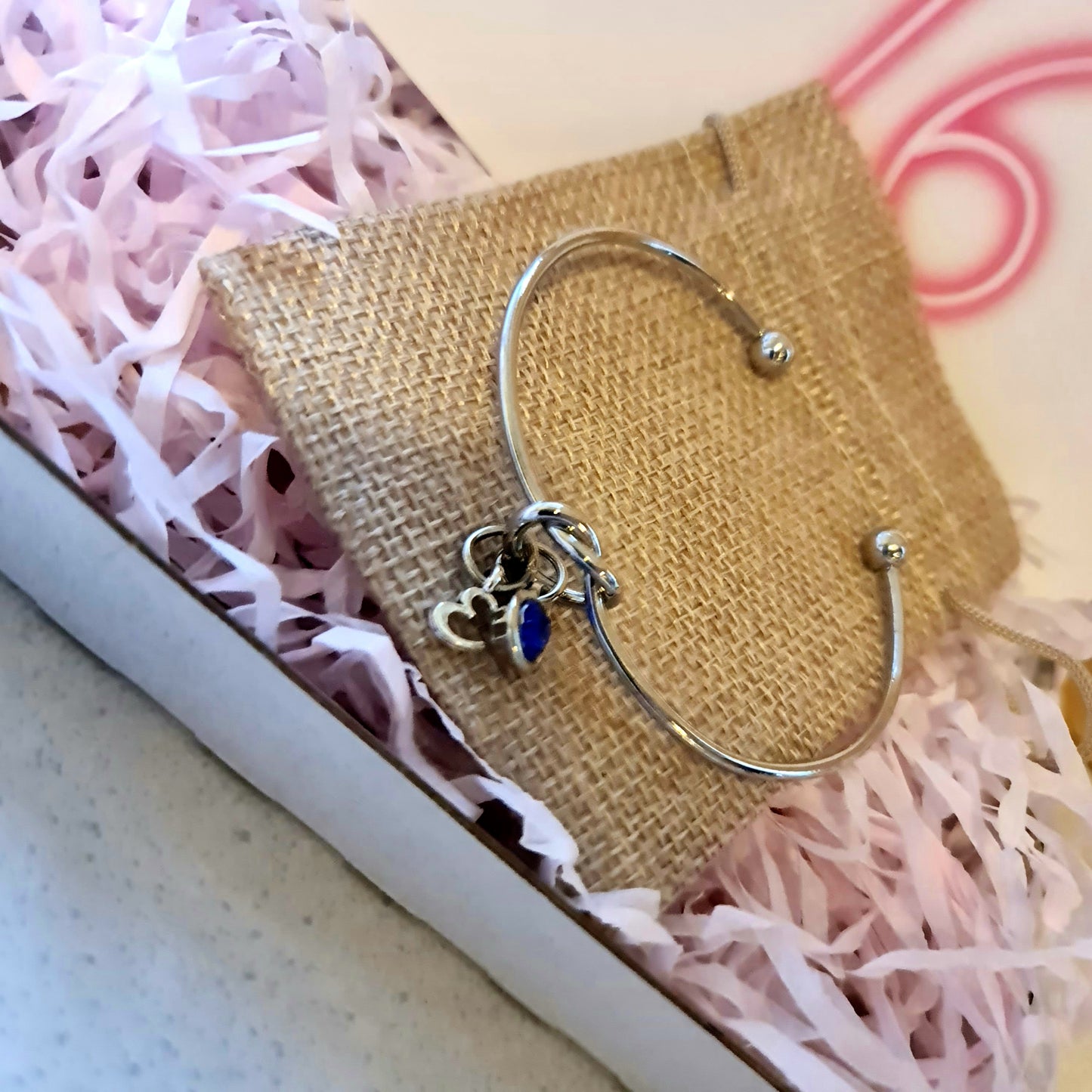 Personalised Silver Bangle with Gem and Initial Charm