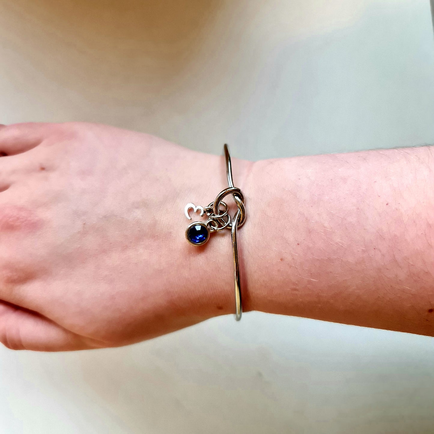 Personalised Silver Bangle with Gem and Initial Charm
