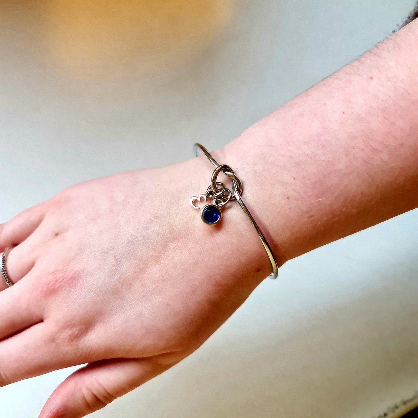 Personalised Silver Bangle with Gem and Initial Charm
