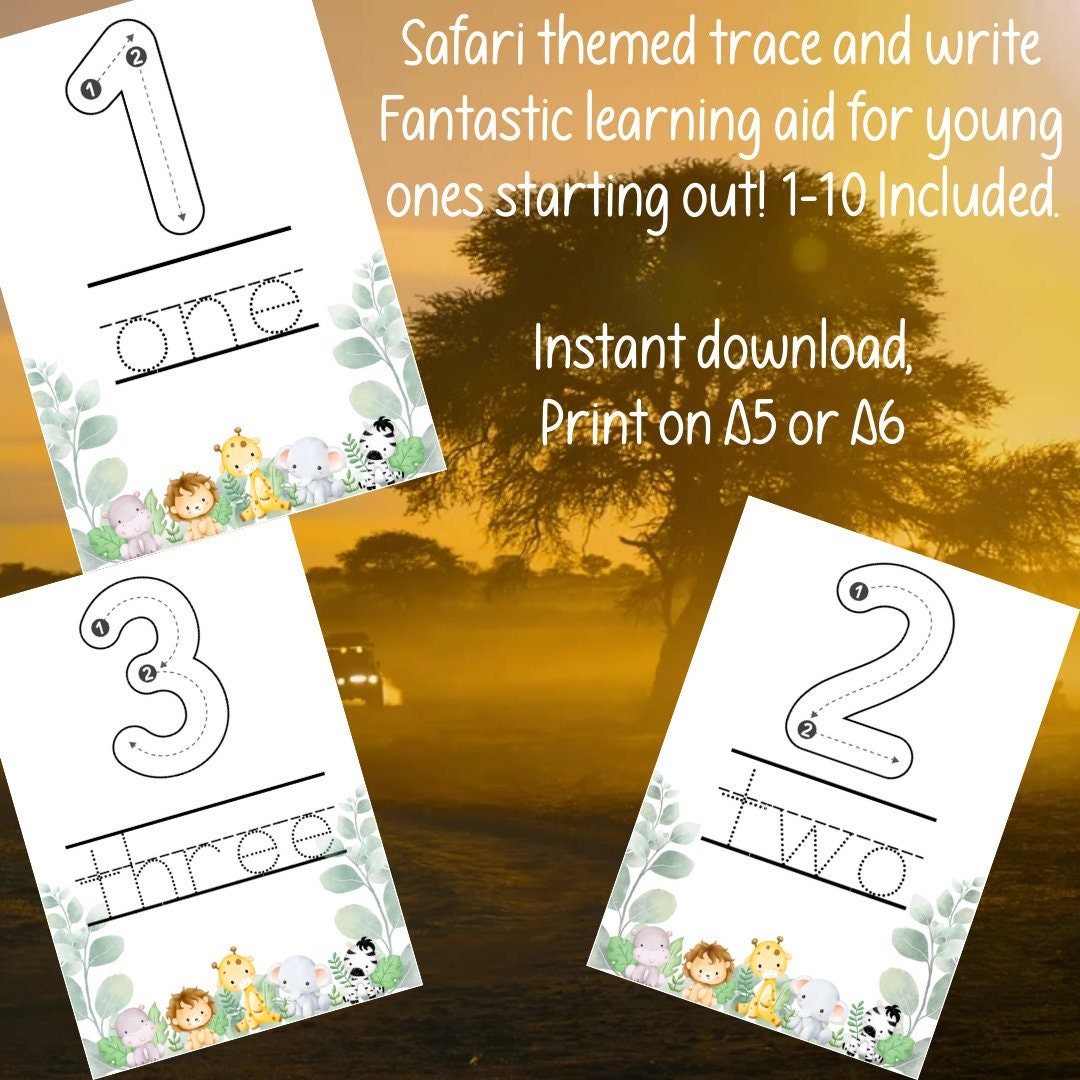 Safari Animal Themed Number Tracing Learning Aid - Perfect teaching aid for children learning to read and write their 1-10 numbers!