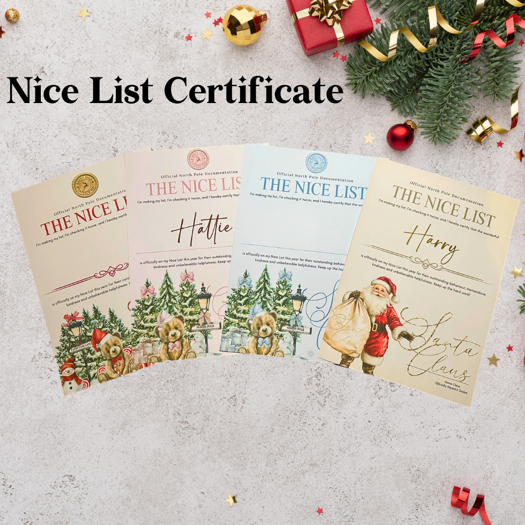 Personalised Santa Letter Nice List Certificate, First Christmas Letter Christmas Bundle for Kids Gold Pink Blue Silver Themes