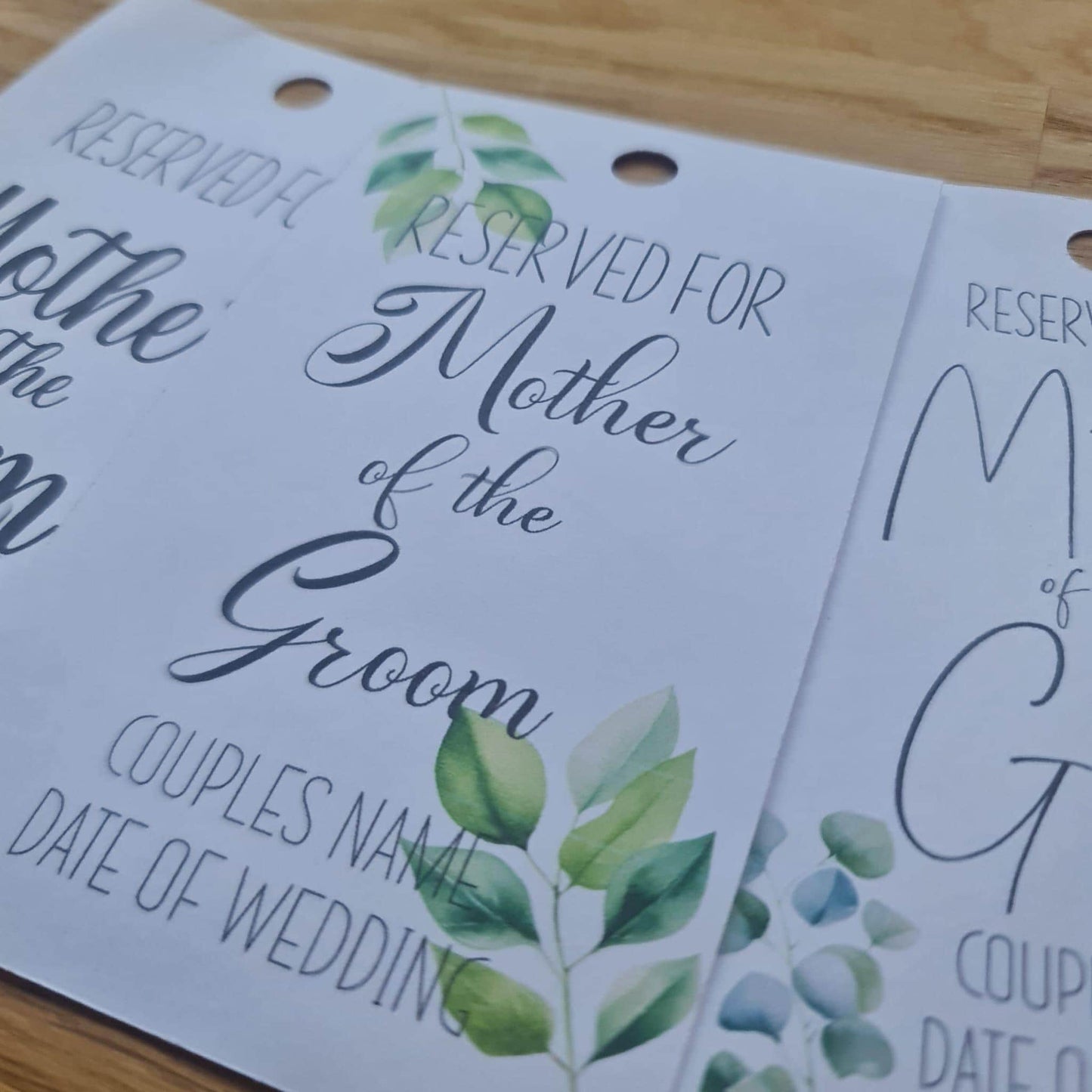 Wedding Reserved Seat Sign with Green Foliage Design and Coloured Ribbon - Perfect ceremony room signage for wedding party and family.