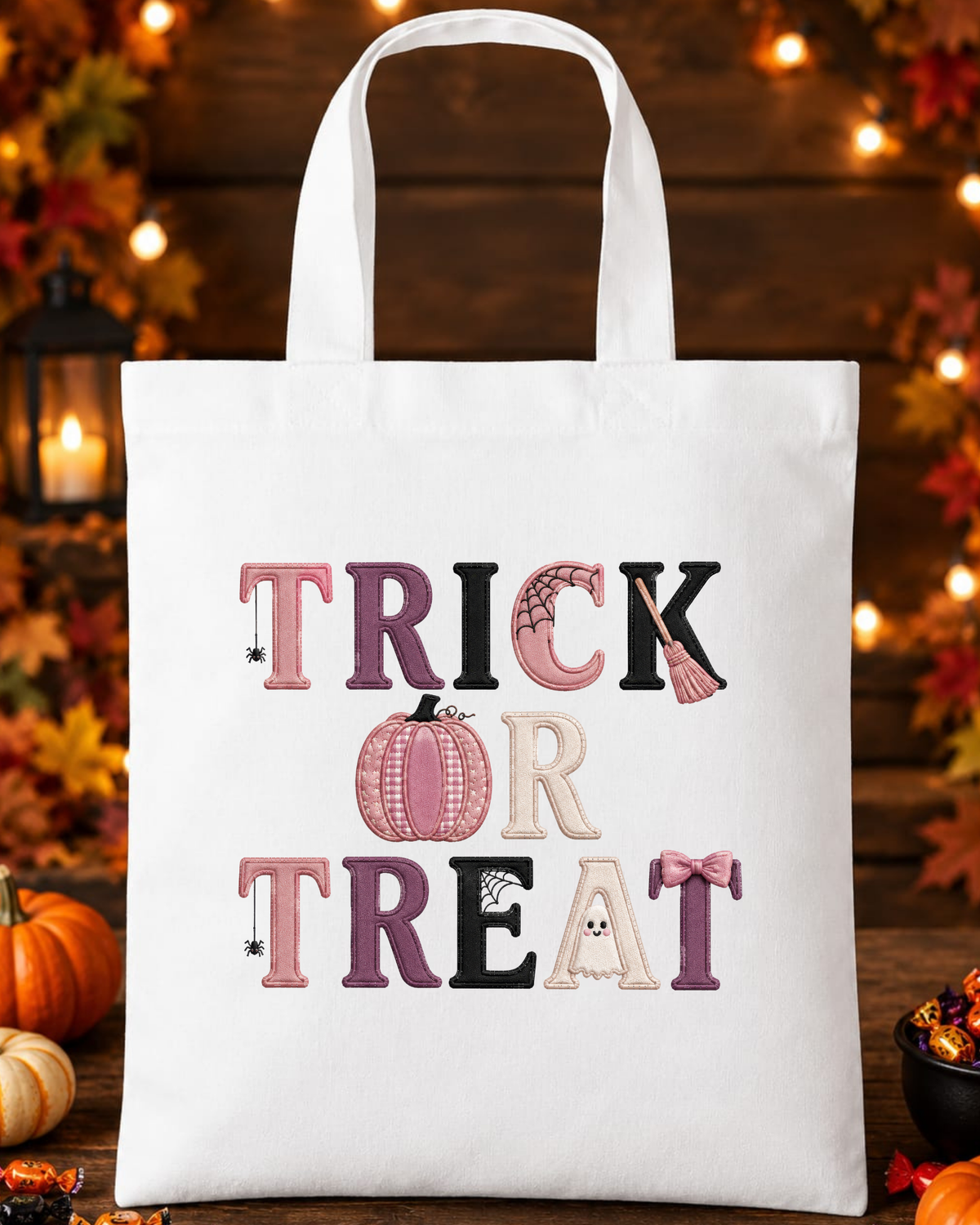 Girls Halloween Trick or Treat Bag, Pink Purple Spooky Tote, Kids Halloween Sweet Collection Bag