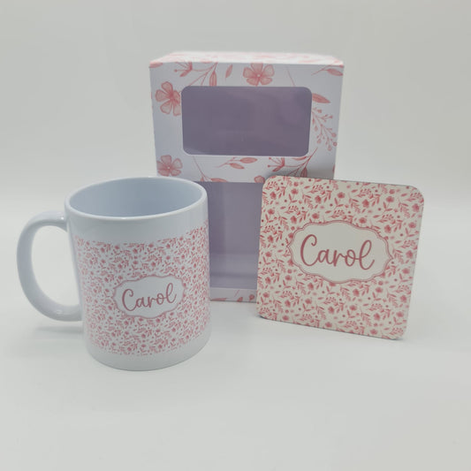 Personalised Floral Ceramic Mug Gift Set | Custom Name Pink Flower Drinkware