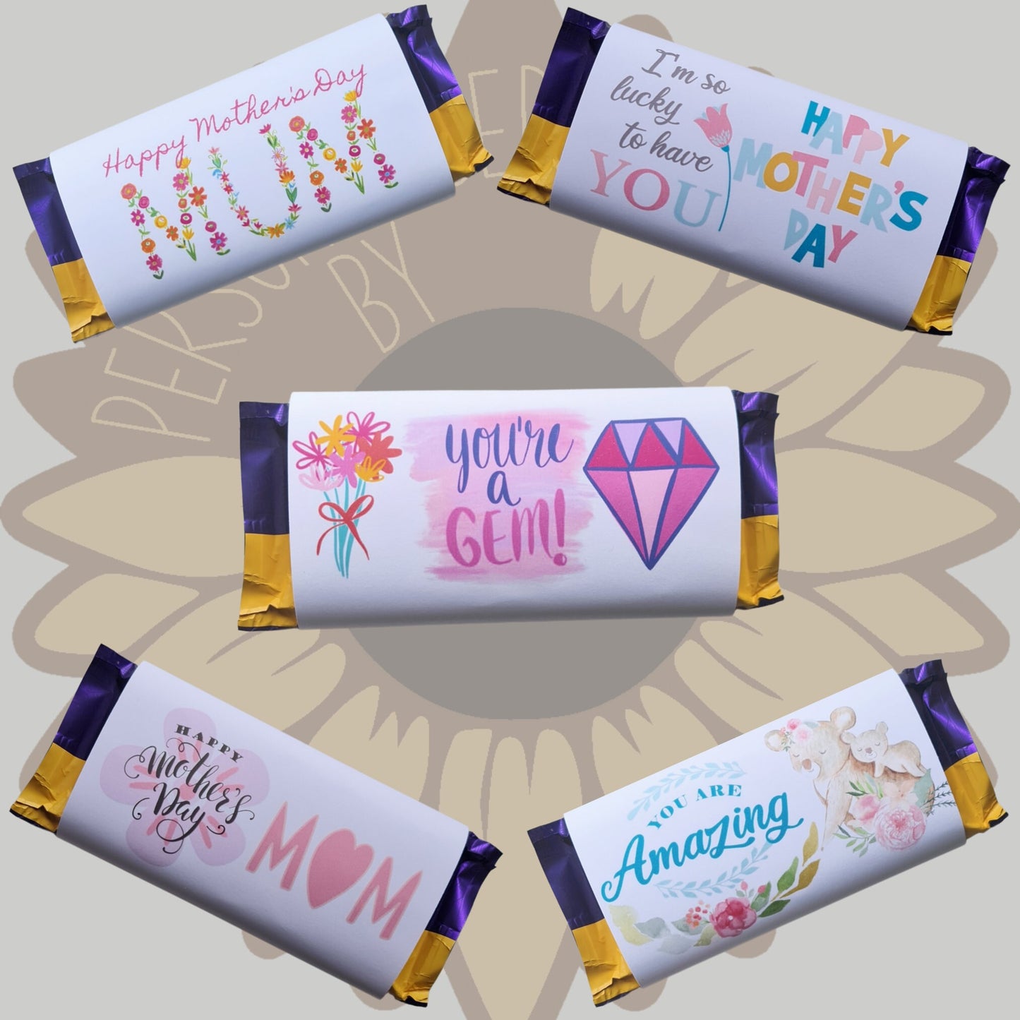 Printed Mothers Day Chocolate Wrappers - Chocolate bar gift wrap for Cadbury & Galaxy chocolate bars!